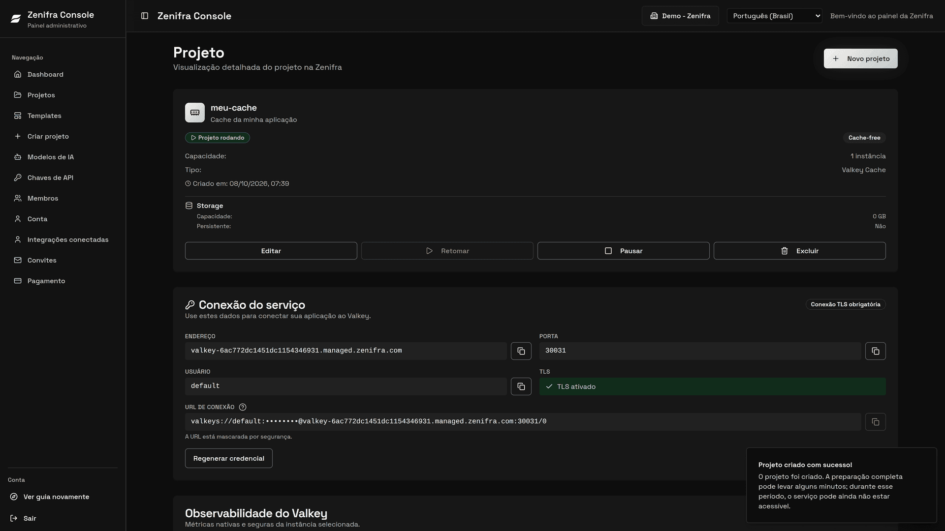 Página do Valkey Cache com conexão TLS obrigatória e observabilidade