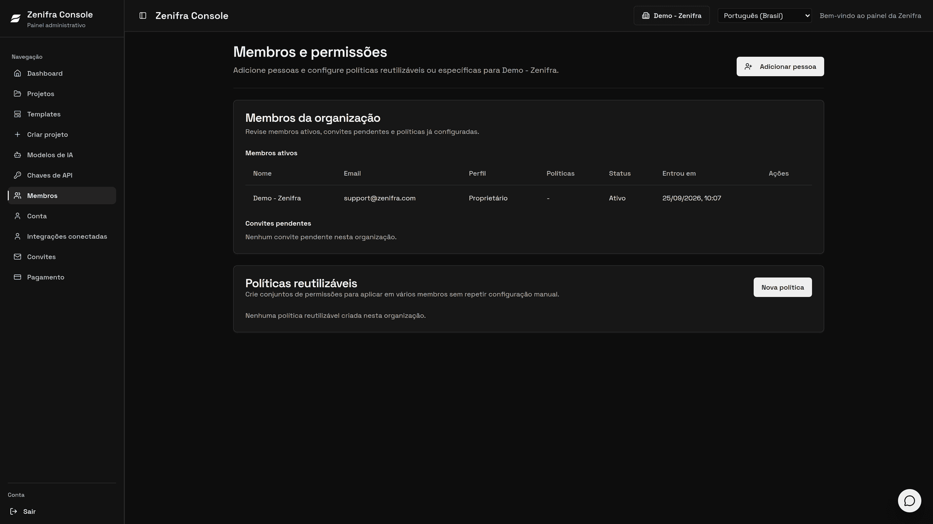 Página Membros e permissões com membros ativos, convites pendentes, políticas reutilizáveis e o botão Adicionar pessoa
