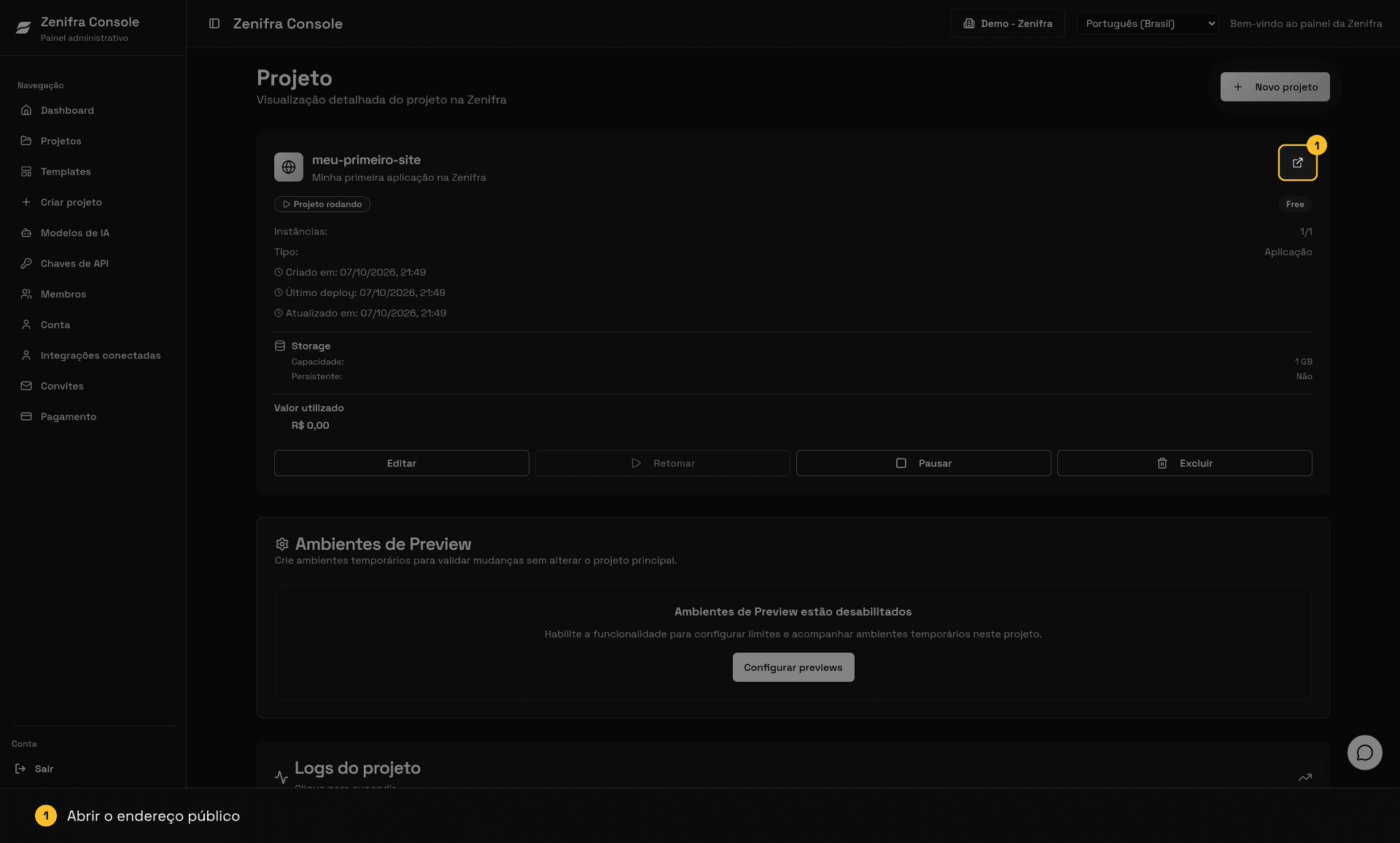 Página do projeto com o status Projeto rodando, plano Free e uma instância ativa